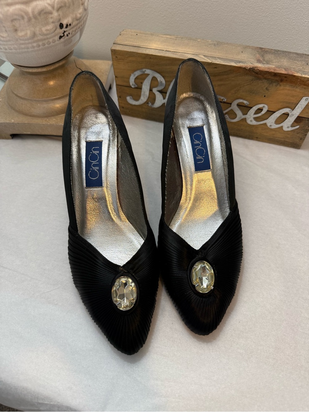 Black Pointed-Toe Heels with Crystal Accent